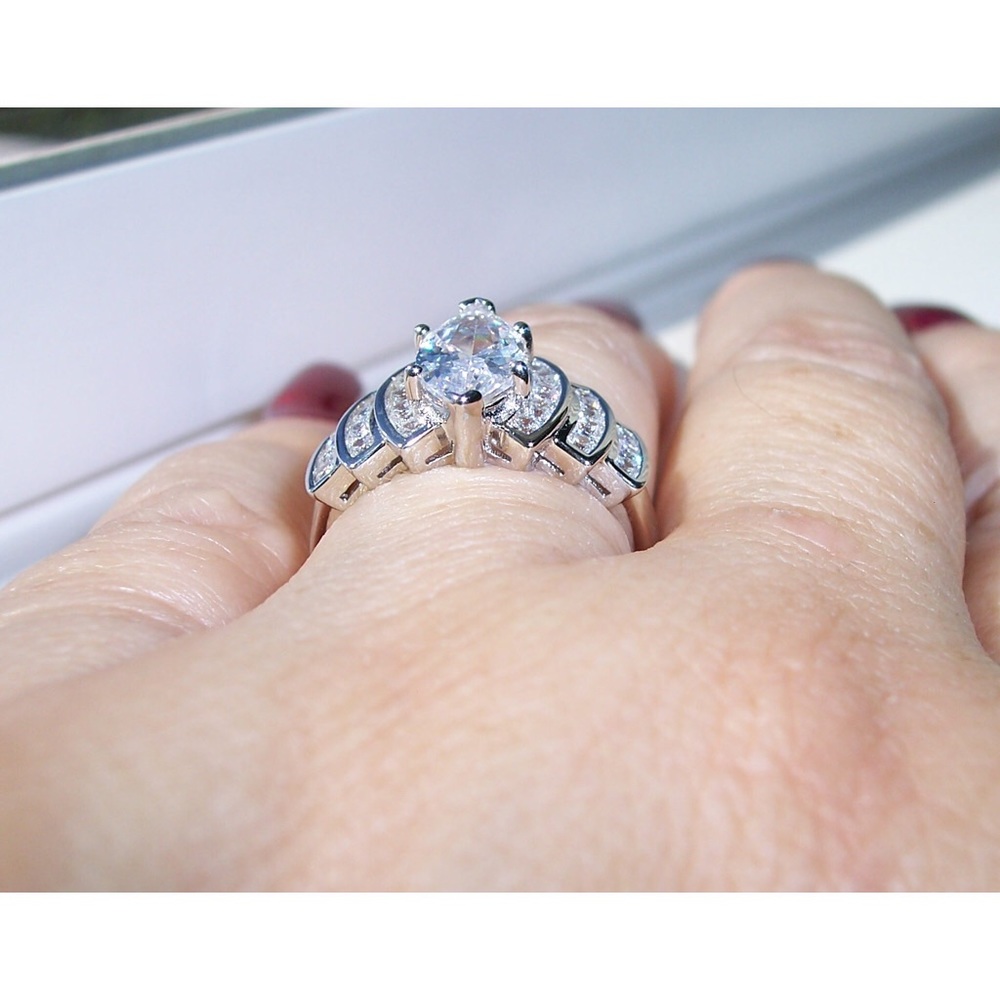 925 STERLING SILVER Marquise Cubic Zirconia Stair Step Tier Ring - Picture 6 of 16